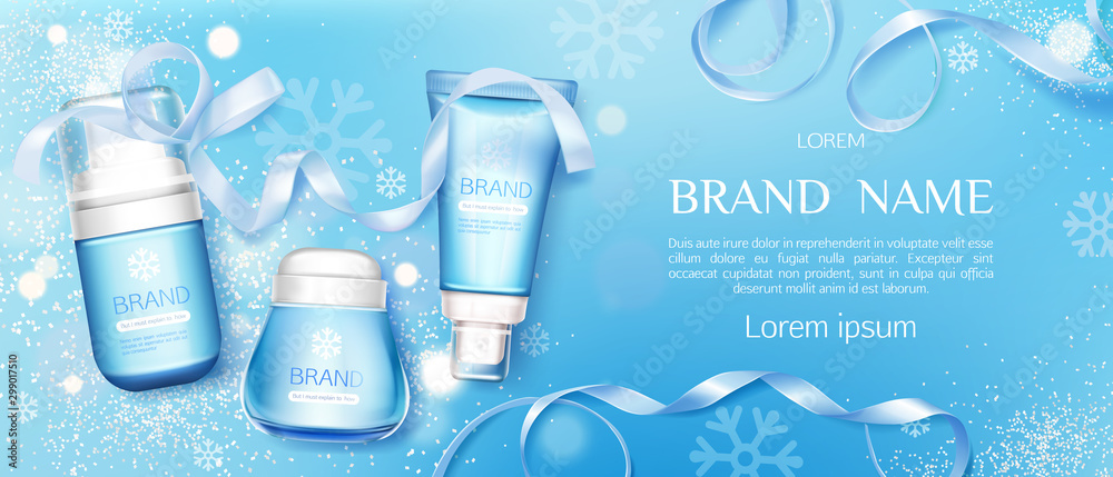 Winter cosmetic tubes and cream jar on blue background with snowflakes and ribbons. Cold season moisturizing beauty cosmetics product bottles set mock up line. Realistic 3d vector illustration, banner - obrazy, fototapety, plakaty 