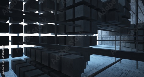 Abstract architectural concrete interior from an array of white cubes with large windows. 3D illustration and rendering.