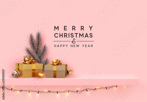 Merry Christmas and Happy New Year. Shelf and podium with realistic golden gifts boxes with gold bows, silver pine and spruce branch. Xmas blue background with present box. vector illustration