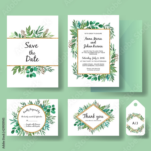 set of wedding invitation greenery and gold leaf