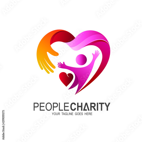 Heart logo and people design, Charity and support vector concept, love and happy life vector illustration.