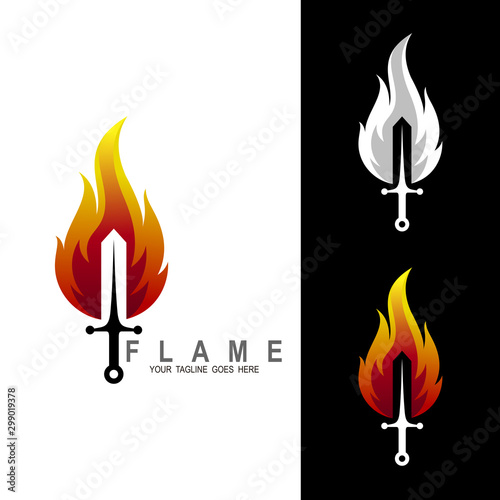 Sword logo, Flaming sword with a red flame. Magical fantasy blade. Element of computer game
