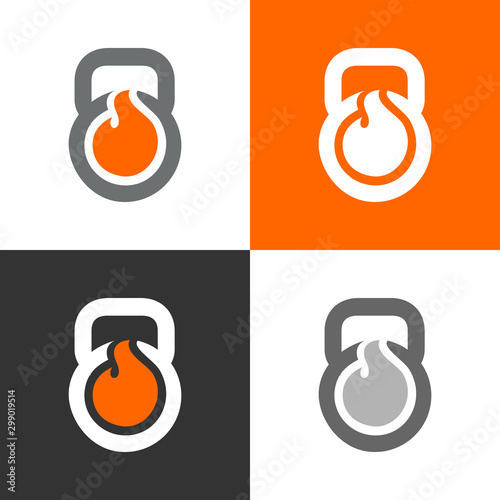 Fire flames and kettlebell logo icon, burning kettle bell vector illustration design