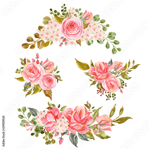 Set of floral branch, watercolor flower rose pink arrangement