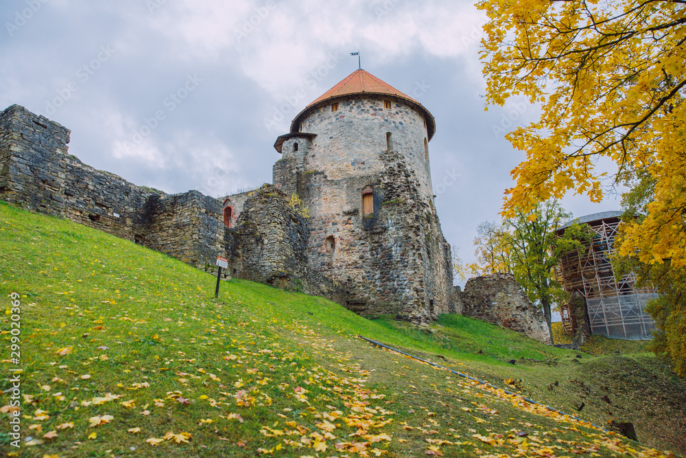 City Cesis, Latvia Republic. Old castle and rocks, autumn. Historic architecture. 12. okt. 2019