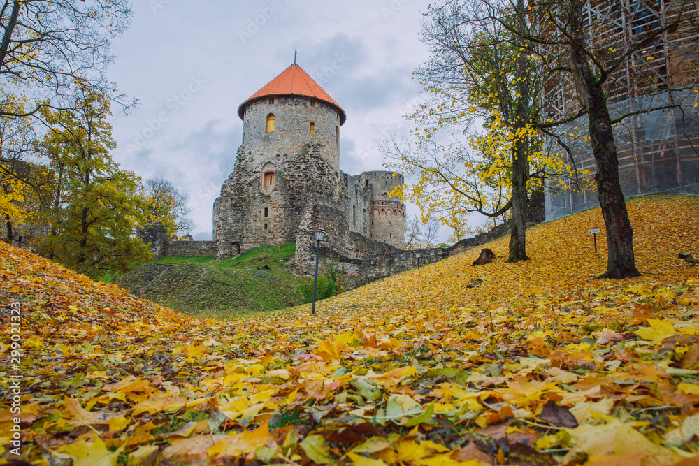 City Cesis, Latvia Republic. Old castle and rocks, autumn. Historic architecture. 12. okt. 2019