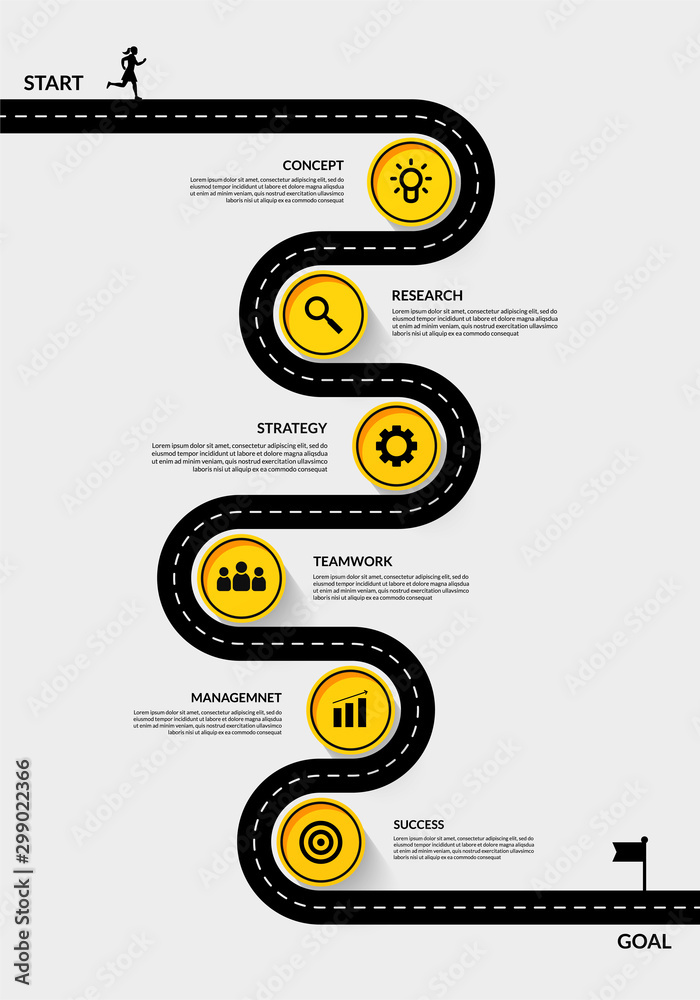 Timeline infographic road map with multiple steps, Outline data visualization workflow