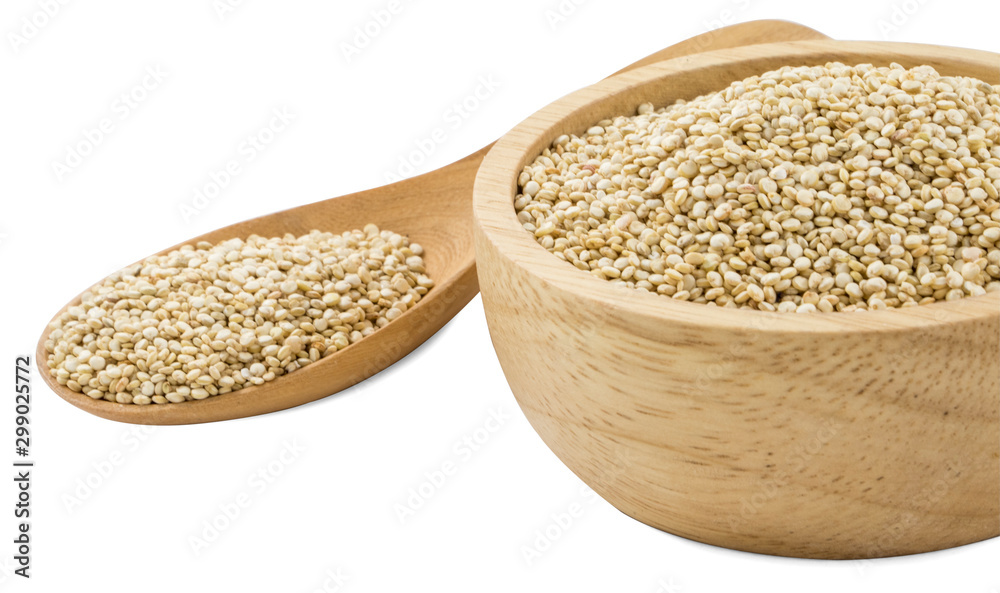 Quinoa in wooden ware isolated on white background