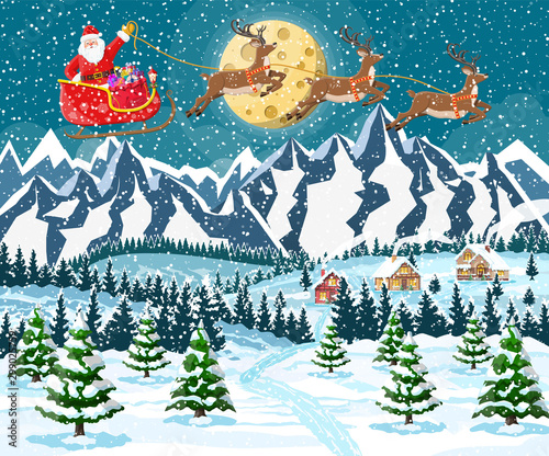 Suburban house covered snow. Building in holiday ornament. Christmas landscape tree, santa sleigh reindeers. New year decoration. Merry christmas holiday xmas celebration. Vector illustration
