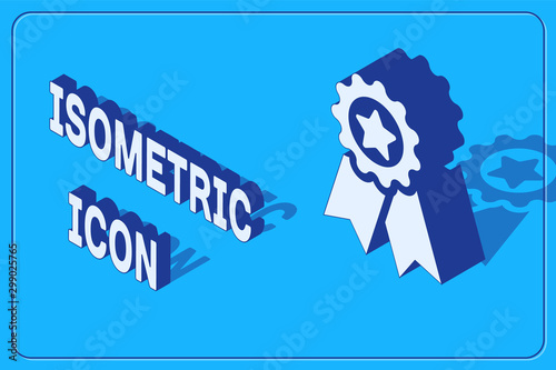Isometric Medal with star icon isolated on blue background. Winner achievement sign. Award medal. Vector Illustration