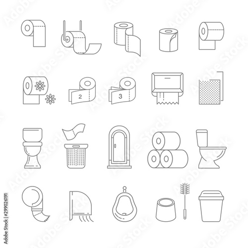 Restroom isolated outline icons, toilet hygiene tools, paper and towels