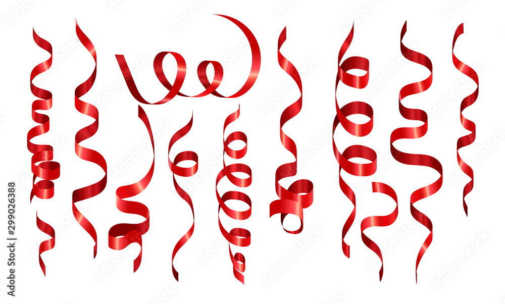 Serpentine or red ribbon isolated swirls and curls, holiday decor Serpentine or red ribbon isolated swirls and curls, holiday decor