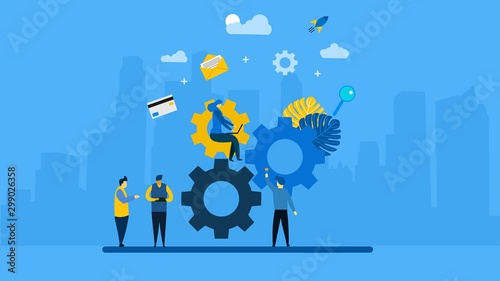 little people links of mechanism, business mechanism,people are engaged in business promotion.Vector Illustration, Suitable For web landing page,Wallpaper, Background, Card, banner,Book Illustration