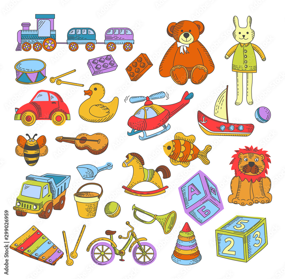 Fototapeta premium Toys isolated icons, kindergarten childish games, train and bear
