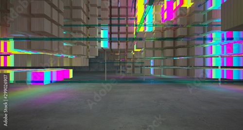 Abstract architectural concrete and wood interior from an array of white cubes with color gradient neon lighting. 3D illustration and rendering.