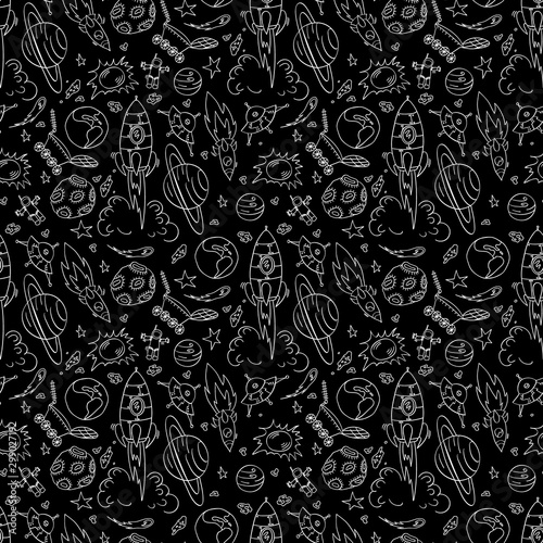 Dark seamless pattern with hand drawn space elements. White doodles on black background. Vector illustration.