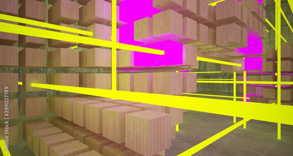 Obraz premium Abstract architectural concrete and wood interior from an array of white cubes with color gradient neon lighting. 3D illustration and rendering.
