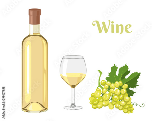 White wine in bottle, glass with wine and bunch of grapes isolated on white background. Vector illustration of alcoholic drink in cartoon simple flat style.