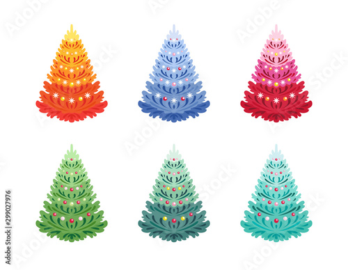Christmas trees isolated on white background colorful set. Collection of beautiful decorations for the new year in different bright colors. Vector holiday illustration in cartoon simple flat style.