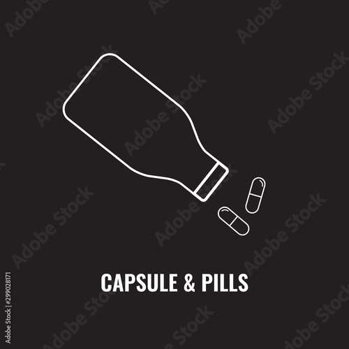 Pill bottle line icon. Pour out capsules or pills. Outline art vector illustration.