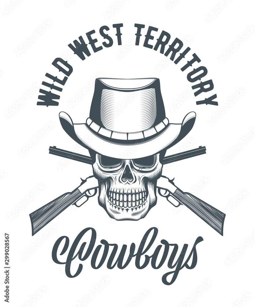 Φωτογραφία Cowboy skull in hat and crossed rifles