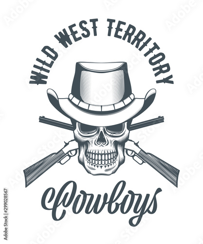 Fotografi Cowboy skull in hat and crossed rifles