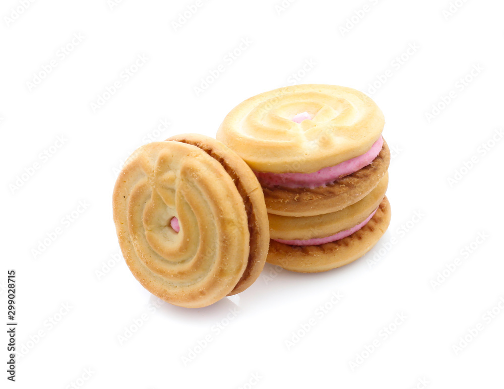 sandwich cookies with strawberry cream on white background sandwich cookies with strawberry cream on white background