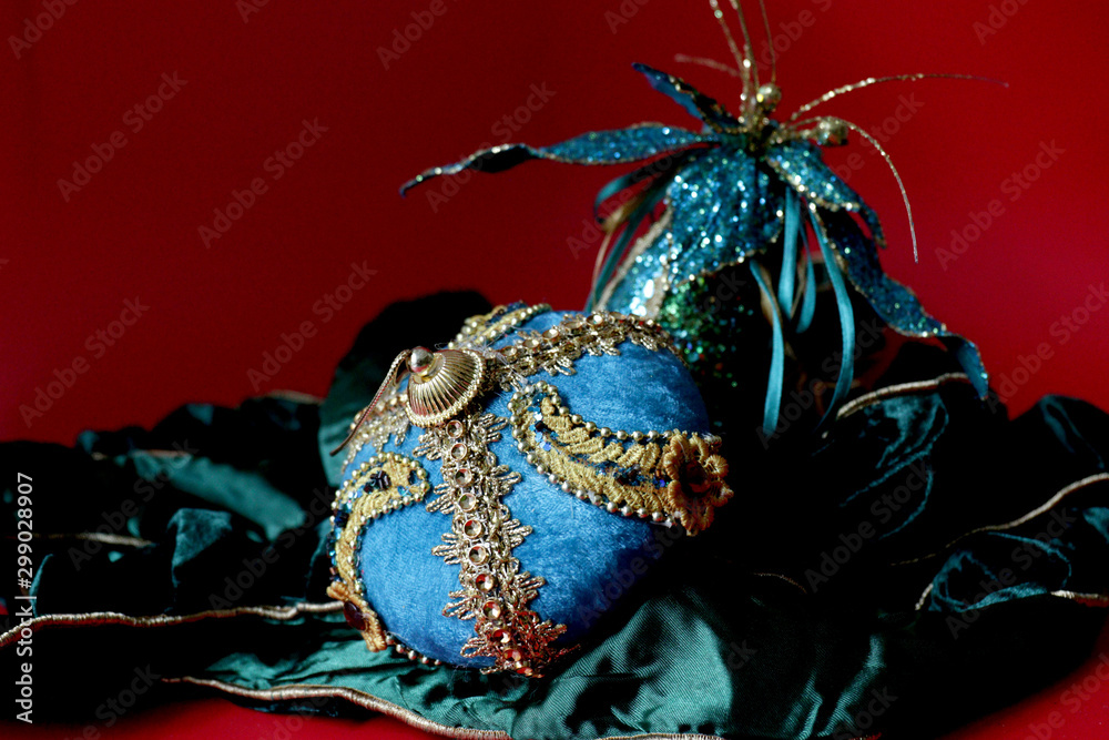Christmas Accessories for Decoration , Vintage Victorian Blue Embroided Ball, Red Background