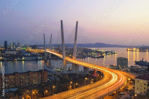 Night Vladivostok panorama. Golden bridge. Golden horn bay. Primorsky Krai, far East, Russia.