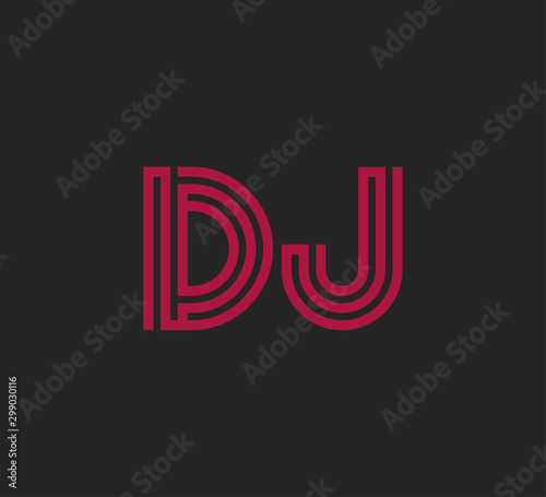 Initial two letter red line shape logo on black vector DJ