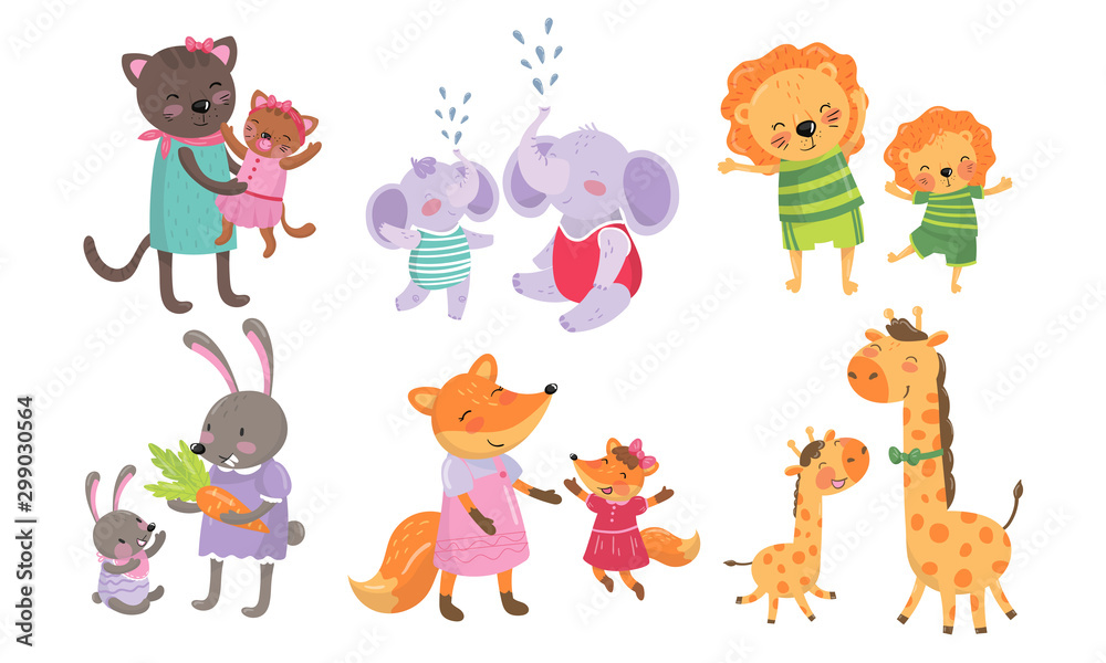 Fototapeta premium Animal Cubs And Their Parents Childish Vector Illustrations