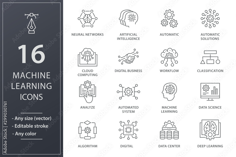 Machine learning icons set. Black vector illustration. Editable stroke ...