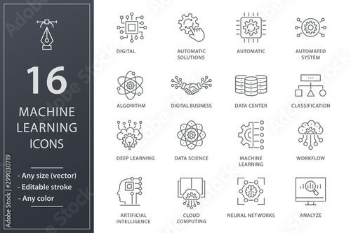 Machine learning line icons set. Black vector illustration. Editable stroke.