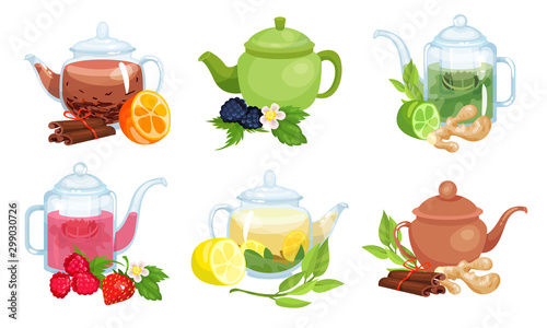 Different Types of Tea Poured in Various Teapots Made of Different Materials Vector Set