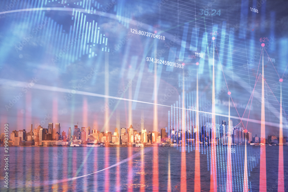 Forex chart on cityscape with skyscrapers wallpaper double exposure. Financial research concept. Forex chart on cityscape with skyscrapers wallpaper double exposure. Financial research concept.
