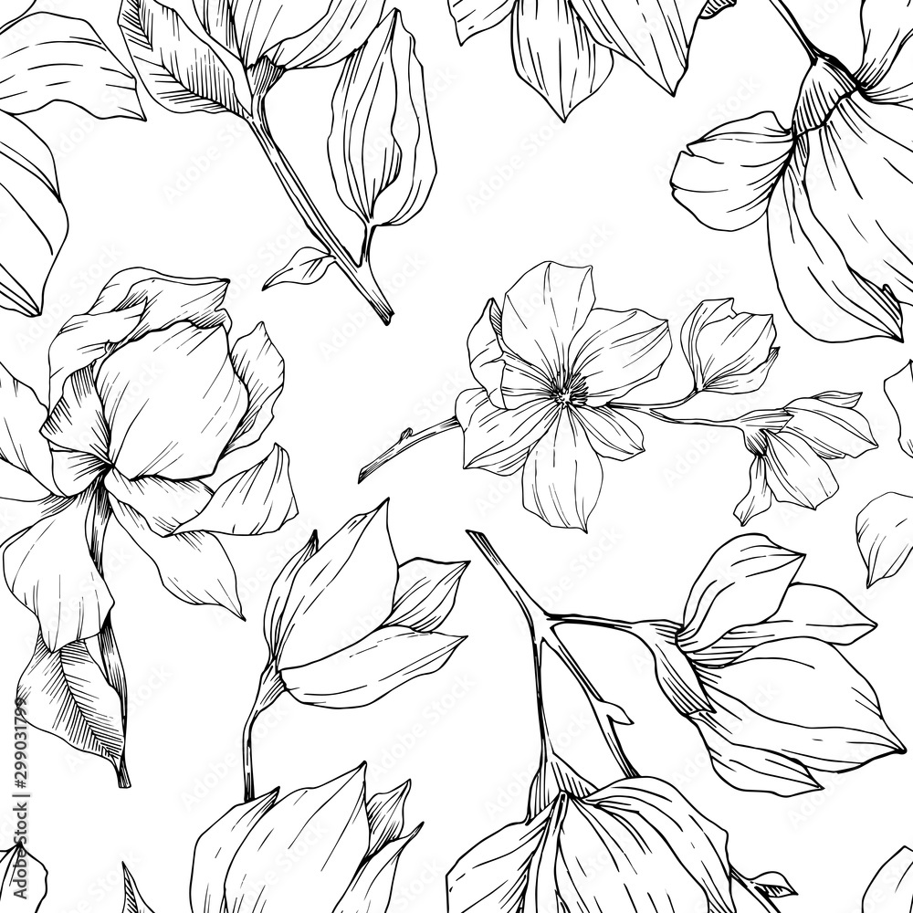 Vector Magnolia floral botanical flowers. Black and white engraved ink art. Seamless background pattern.