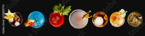 Top down panorama of exotic alcoholic cocktails