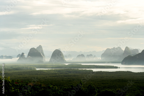 Beautiful scene seascape in the morning sunrise of Samed Nang She (or Samed Nang chee ) is the best and famous view point on Phang nga bay in Southern Thailand.