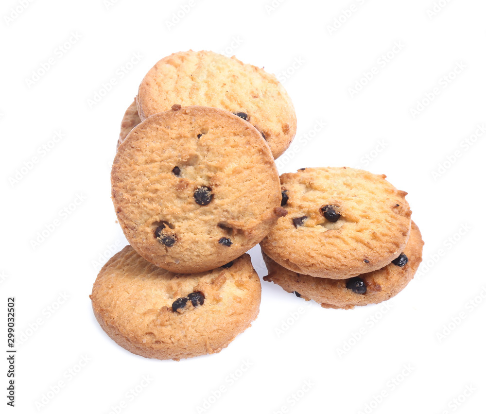 Chocolate chip cookies isolated on white background. Sweet biscuits