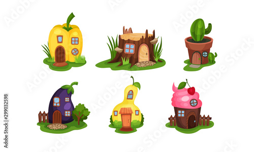 Fairy Village Houses Cartoon Vector Set Isolated On White Background
