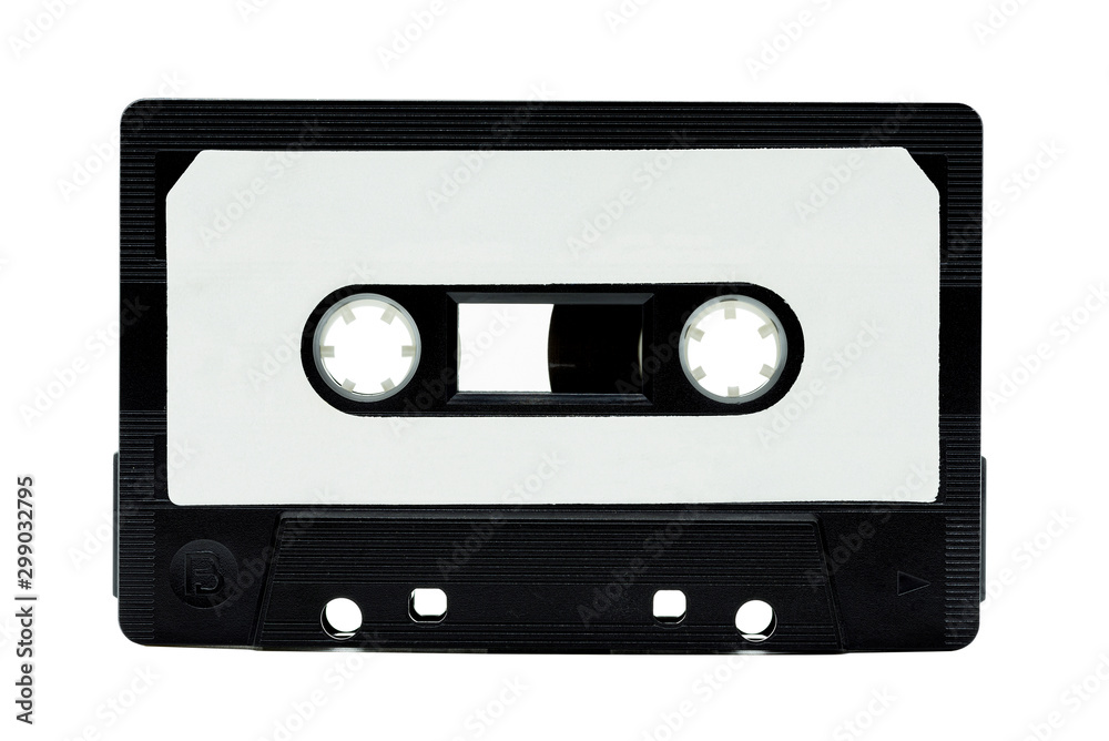 Vintage audio Black cover Classic cassette tape and copy space with isolate on white background