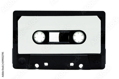 Vintage audio Black cover Classic cassette tape and copy space with isolate on white background