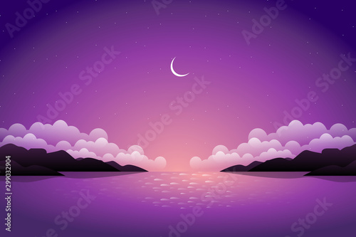 Beautiful mountain and purple sky with sea view background