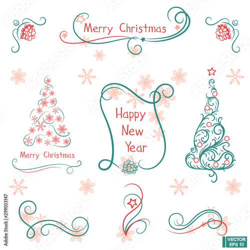 Collection of hand drawn swirls. Christmas design elements set.