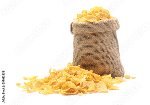 Cornflakes in sack isolated on white background