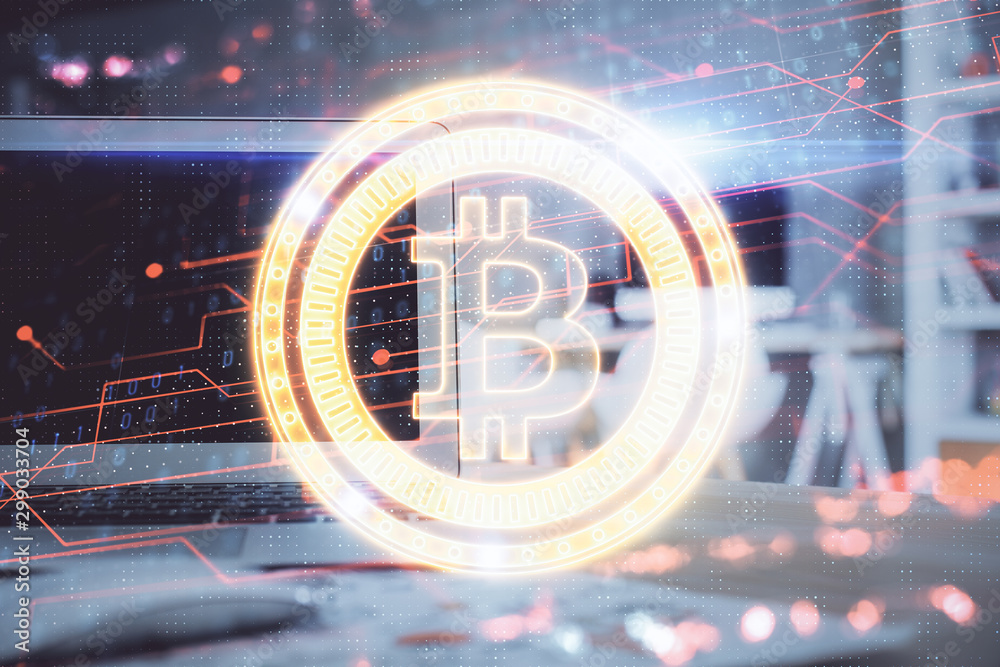 Multi exposure of blockchain theme hologram and table with computer background. Concept of bitcoin crypto currency. Multi exposure of blockchain theme hologram and table with computer background. Concept of bitcoin crypto currency.