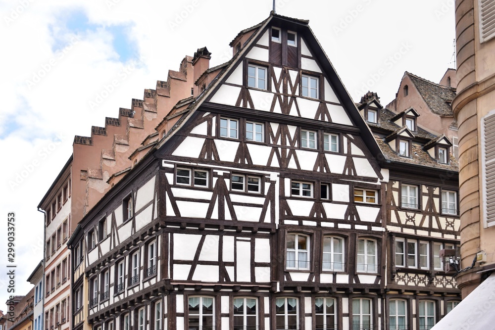 Strasbourg, France - May 2019. Traditional half-timbered houses in the center old city Strasbourg. Amazing colorful houses in La Petite France, Alsace. Beautiful view of the historic town Strasbourg