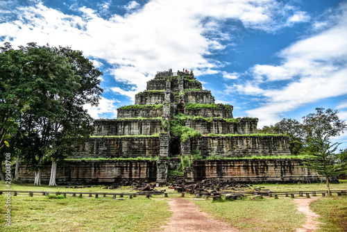 The Ancient Koh Ker Pyramid castle backdrop blue sky and white clouds in Temple at Siem reap, Cambodia