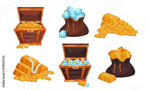 Piratic Chests and Sack With Treasures Vector Set photo