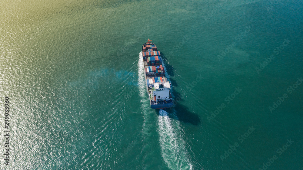 Aerial top view of Large container cargo ship in export and import business and logistics at sea
